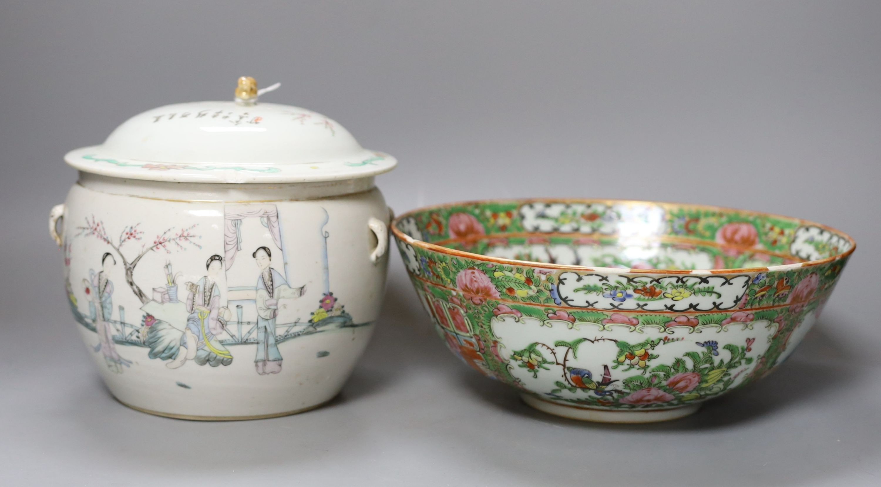 A Chinese Republic period kamcheng and cover, 19cm tall, together with a late 19th century Chinese famille rose bowl (2)